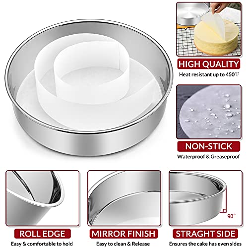 E-far 9½ Inch Cake Pan Set of 2, Stainless Steel Round Layer Cake Baking Pans with Parchment Rounds & Side Liner Roll, Non-Toxic & Healthy Metal Cakes Tin, Straight Side & Dishwasher Safe - size: 9½ Inch, style: 2 Cake Pans