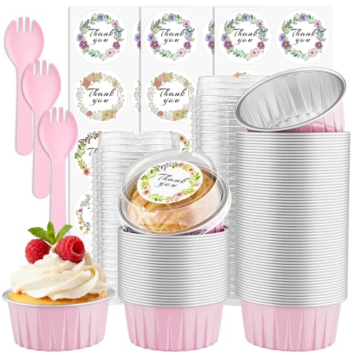 100 Pack Mini Cake Pans with Lids and Spoons Mini Aluminum Foil Baking Cups