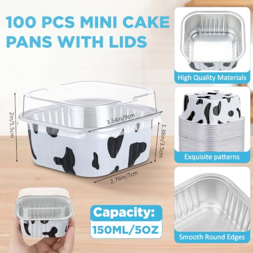Skylety 100 Pcs 5oz Mini Square Cake Pans with Lids, Cow Print - color: Cow Print