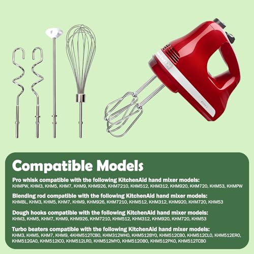 Hand Mixer Attachments, 6 Pcs Stainless Steel Set Turbo Beater, Pro Whisk, Dough Hooks & Blending Rod | Compatible with KitchenAid KHM3, KHM5, KHM7, KHM9, KHM512, KHM926 Series Hand Mixers