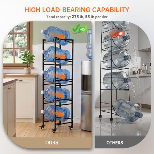 5 Gallon Water Jug Holder with 4 Locking Casters, 5-Tiers Water Jug Stand - size: 5 Tier-Single Row