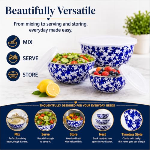 Golden Rabbit Enamelware Nested Mixing Bowls with Lids, Set of 3, Cobalt Swirl - color: Cobalt Swirl