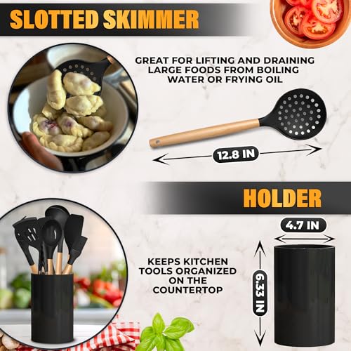 14 Pcs Kitchen Utensils Set with Holder, Beech Handles (Black)