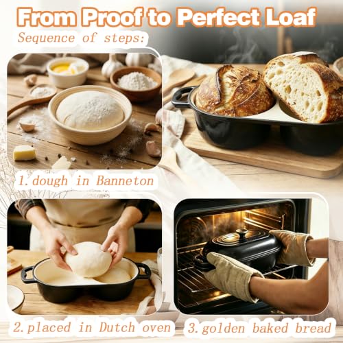 DIY Double Dutch Oven for Sourdough Bread Baking – Enamel Cast Iron Bread Baker with Lid, Bake Two Different Loaves at Once, 500°F Oven Safe, Includes 2×10" Banneton Proofing Baskets - color: Black