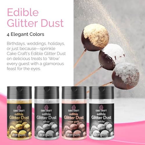 Cake Craft Edible Glitter Dust 4-Pack | 100% Edible Food-Safe Glitter for Cakes, Cupcakes, Cocktails & Desserts | Gold, Silver, Rose Gold, White - color: Gold, Silver, Rose Gold, White, size: Pack of 4