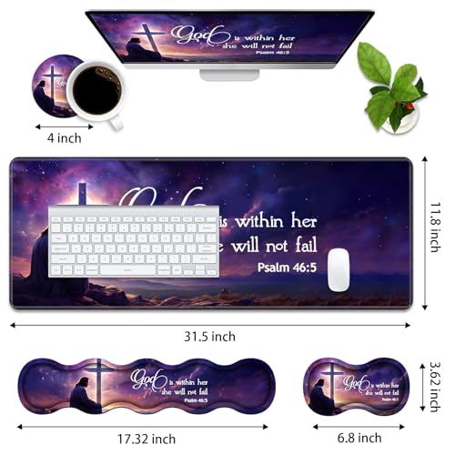 Ergonomic Memory Foam Mouse Pad Wrist Rest Set, Large Gaming Desk Pad + Keyboard Wrist Rest + Mouse Wrist Cushion + Coaster for Home Office Study Gaming, Christian Cross Quote Bible Verse Psalm 46:5 - color: Christian Cross Quote Bible Verse Psalm 46:5