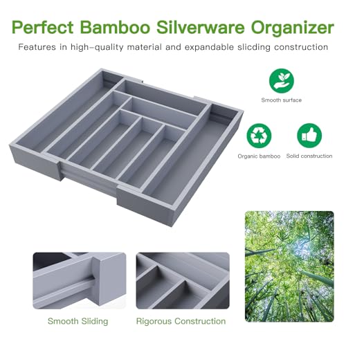 Pipishell Bamboo Expandable Silverware Drawer Organizer, Gray, Medium - color: Grey, size: Medium