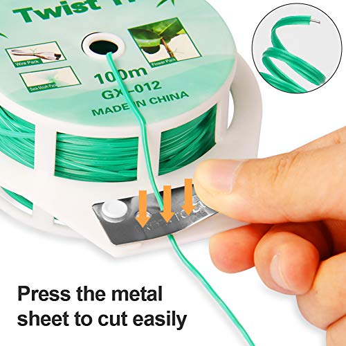 (2 Reels) Garden Wire, Twist Ties Heavy Duty with Cutter 328 Ft Multi-Function Green Coated Tape to Support Plant Tie Up Bags for Home Office (328 Feet / 100 m) - color: Green