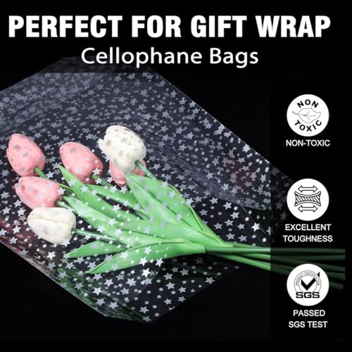 50pcs 9x12 inch Bottom Gusset Silver Star Printed Clear Cellophane Gift Wrap Bags with 5" Twist Ties - color: Silver Star, size: 9X12inch(50 Pcs)
