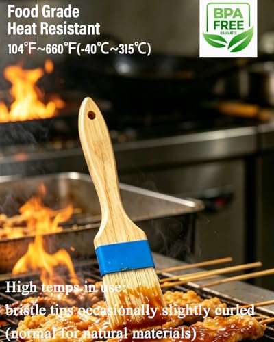 Natural Boar Bristle Pastry Brush,Heat Resistant Basting Brush for Cooking, BBQ, Baking, Food Grade Wooden Handle Oil Brush for Egg Wash, Butter,Marinade, Sauce, Dishwasher Safe(1",1.5",3PC) - color: Blue
