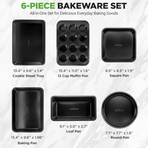 NutriChef 6-Piece Nonstick Baking Pans - Carbon Steel Non toxic Bakeware set with Cookie Sheets, Muffin, Loaf, Round & Square Pan - Restaurant Quality Baking Tray, Easy Clean, Dishwasher & Oven Safe - color: Obsidian Blue