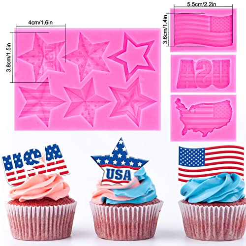 Whaline 4Pcs 250th Anniversary Independence Day Silicone Molds 4th of July 3D Patriotic Fondant Mold American Flag Pattern Chocolate Molds USA Map Stars Cupcake Baking Decorating Moulds for DIY Party - style: 4th of July