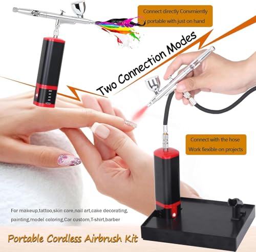 Portable Upgraded Dual-Action extra battery Airbrush kit with compressor-replaceable battery Cordless Air Brush Set for Leather furniture repair,Nail Art,Painting,Cake,Model,Tattoo,T-shirt - color: Red+black