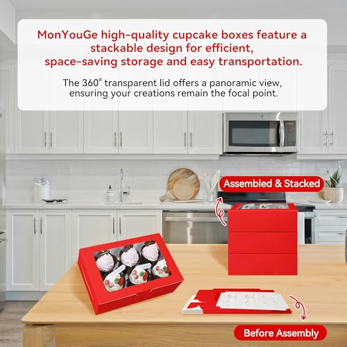 10-Set Cupcake Boxes Bulk with Clear Display Window Hold 6 Standard Cupcakes, Disposable Food Grade Red Cupcake Carrier Cupcake Container, Perfect for Cupcakes Muffins Cookies Pastries