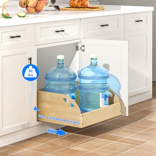 WelFurGeer Birchwood Pot and Pan Organizer with Soft-Close Drawer, Pull Out Cabinet Organizer, Heavy-Duty Slide-Out Storage for Baking Sheets, Cutting Boards, and Kitchen Utensils - size: 17"W X 21"D