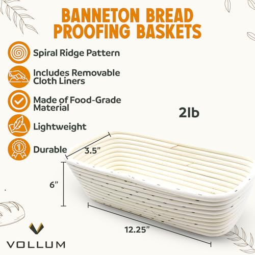 Vollum Banneton Bread Proofing Basket with Liner – Rectangular Brotform - size: 12.25" x 6" x 3.5"H, style: Rectangular