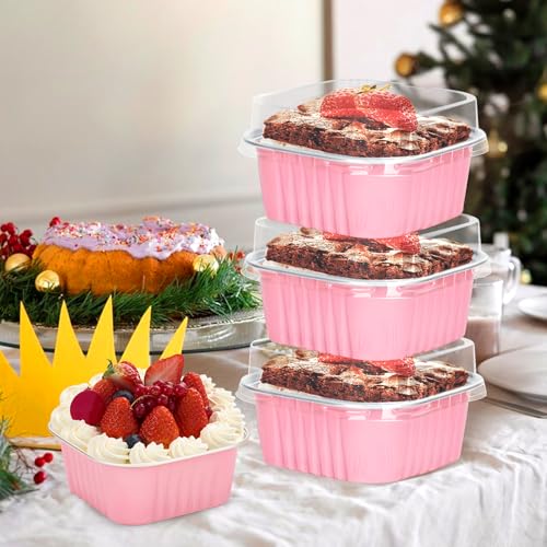 60Pack 5oz Pink Mini Cake Pans with Lids Baking Cups Aluminum Foil Pans Tins, Individual Dessert Cups Containers for Sales,Party,Picnics - color: Pink