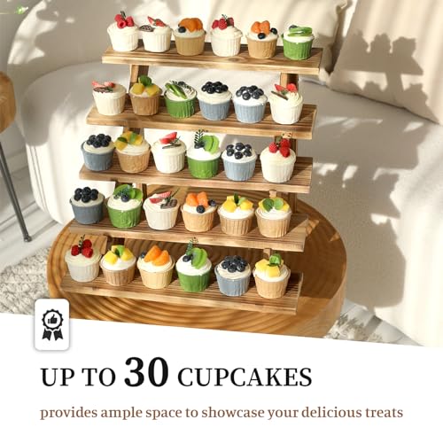 SwallowLiving 5 Tier Wooden Rustic Cupcake Stand for 30 Cupcakes, Stepped Wood Display Stand for Weddings, Tiered Party Table Display Riser for Food , Dessert, Cookie, Decor, Craft Show, Burnt - color: Burnt | 5-tier