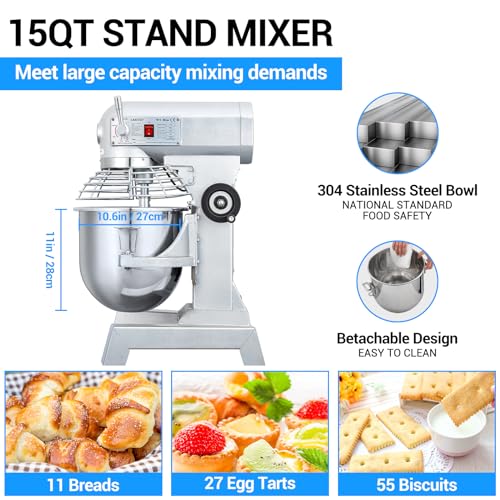 LEEVOT 15Qt Commercial Food Mixer, 600W Commercial mixers, 3-Speed Dough Kneading Machine, Heavy Duty Stand Mixer for Bakery, Pizzeria, Restaurant, Home Kitchen & Dough Making 110V 60Hz - size: 15QT+Timer
