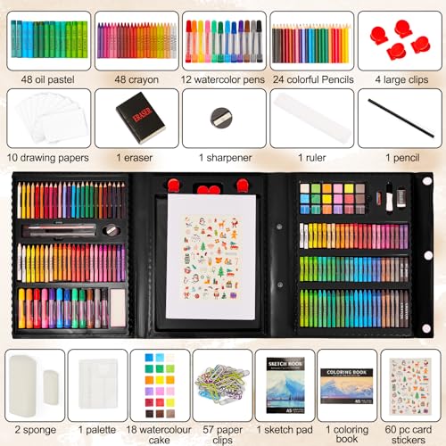 KINSPORY Art Set for Kids, 290 Pack Double-Side Easel Drawing Kits - Black - color: Black