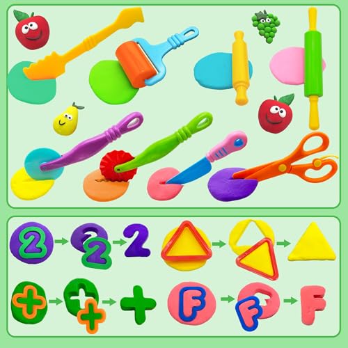 Dough Tools 55 PCS Dough Play Tools Set for Kids, Plastic Alphabet Numbers Shapes Cutters, Rollers, Scissors - style: 55 pcs