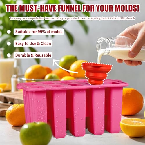 Homemade Popsicles Molds, Food Grade Popsicle Molds for Kids, 10 Cavity Non-BPA Silicone Ice Pop Maker, Reusable Silicone Popsicle Molds with 50 Stick, 50 Bags, Funnel (Pink) - color: #Pink