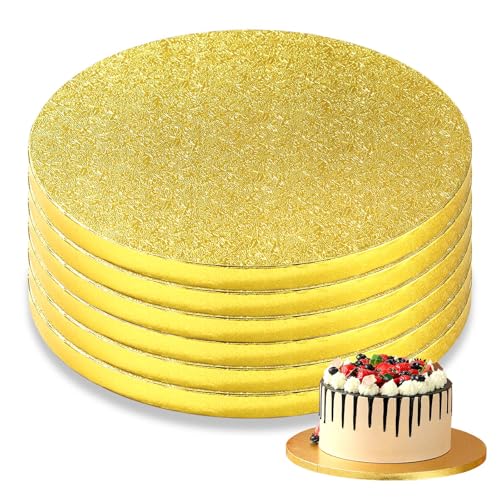 6-Pack Gold Cake Drum Board 8 Inch Circle Full Wrap Edge Cardboard Sheets Grease Proof Foil Stand Thick Disposable Base for Desserts Pastries Display - size: 8''