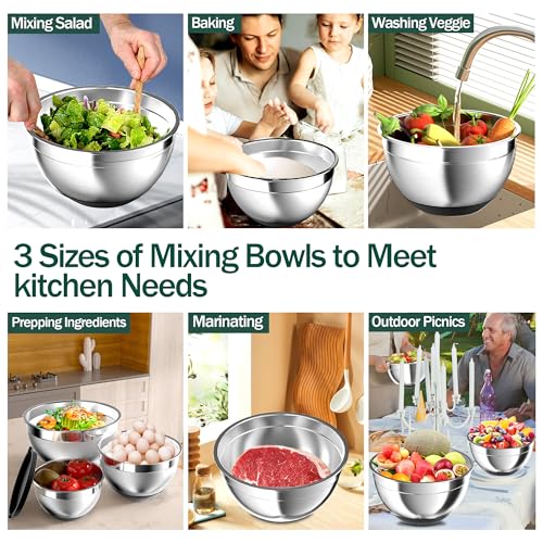 Mixing Bowls with Airtight Lids, Stainless Steel Mixing Bowl Set with 3 Nesting Kitchen Metal Bowls, Colander & Grater, Non-Slip Bottoms, Size 1.5, 2.5, 5 QT, Great for Mixing & Serving, Black - color: Black