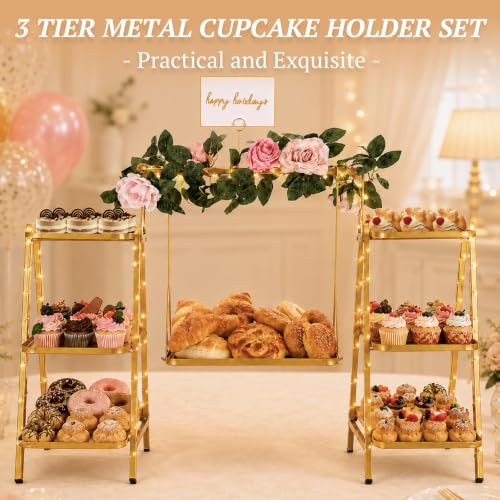 Metal 3 Tier Cupcake Stand with Fairy Lights, Flower Garland,Gold - color: 2-Gold