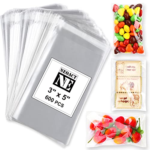 NEOACT 600 Pcs Small Cellophane Bags 3x5,Clear Resealable Cellophane,Self Sealing Bags for Candy Bakery Snacks Cookie Jewelry,Cello Bag for Party Decorative Gift - size: 600 Count (3"x5")