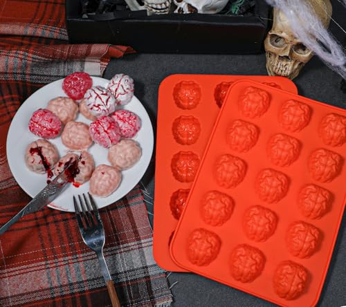 Webake Brain Chocolate Mold, Bite Size Halloween Brain Silicone Molds 15-Cavity for Halloween Plaster, Chocolate, Candy, Jello, Cupcake, Treats, Pack of 2 - style: Brain