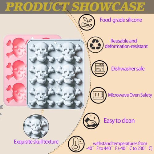 2Pcs 3D Skull Silicone Mold, Halloween Skull Chocolate Mold, Skull Candy Mold for Baking, Ice Cube, Resin, Candy, Soap, Cake Decoration(Pink/Gray)