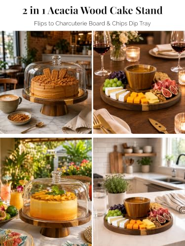 Multi-Functional Acacia Wood Cake Stand Lid Charcuterie Dip Serving Tray