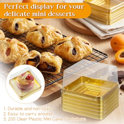 200 Set 3" Mini Cupcake Containers, Clear Plastic Square Containers with Lids Small Cupcake Boxes Muffin Pod Dome Muffin Single Individual Packing Box for Wedding Birthday Party(Gold)