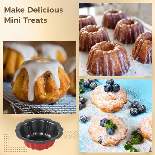 Homaisson 10PCS Mini Fluted Tube Pan, 4.5Inch Carbon Steel Mini Cake Molds, Nonstick Reusable Oven Baking Mold for Cupcake, Bread, Bavarois, Brownie (red) - color: 10+red