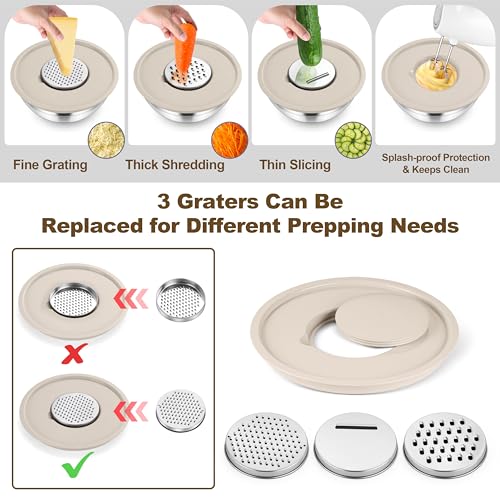 TeamFar Mixing Bowls, Stainless Steel Salad Bowl with Lid & Graters -Khaki - color: Khaki