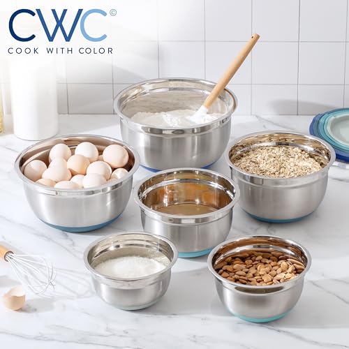 COOK WITH COLOR Stainless Steel Mixing Bowls Set with Lids - Nesting Bowls with Non-Slip Bottom, Blue, 12 Pieces - color: Blue, size: 12 Pieces