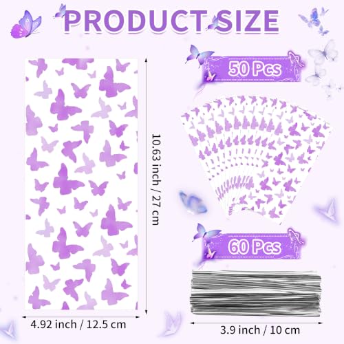 ZYLOP 50 Pcs Purple Butterfly Cellophane Goodie Bags, Plastic Candy Treat Bags with 60 Pcs Silver Twist Ties for Butterfly Theme Baby Shower Birthday Party, Spring Easter Dessert Cookie Gift Bags - color: Purple 50pcs