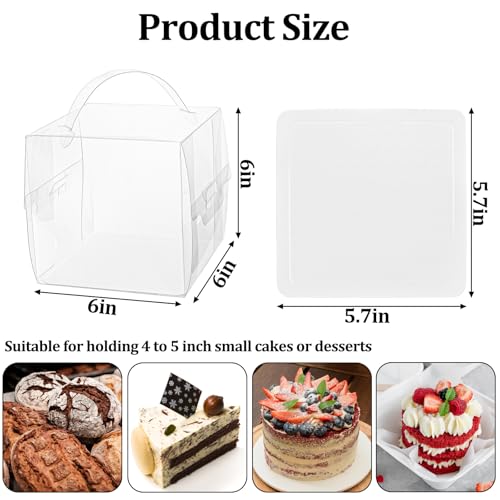 Lawei 50 Pack Clear Cake Boxes with Handles, 6x6x6 Inch Square Transparent Bakery Box for 4-5 Inch Mini Cakes, Pastries, Donut, Treat Boxes, Gift Packaging Display Box for Wedding, Birthday, Party