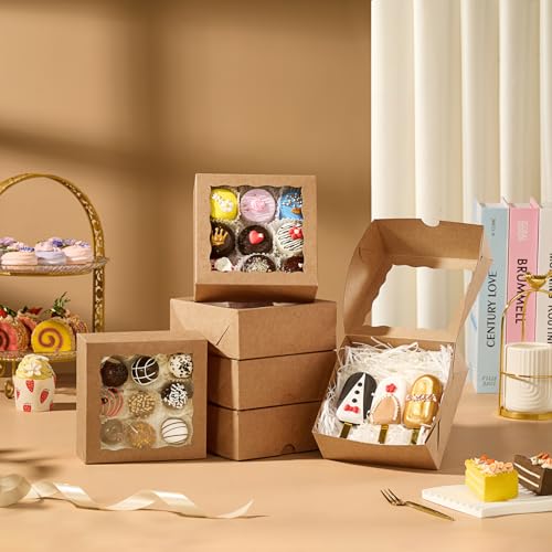 20 Pack 6x6x2.5 Inch Brown Pastries Boxes with Window for Cookie, Cake, Macaron, Pie, Bath Bombs,Chocolate Covered Strawberries & More - color: Brown