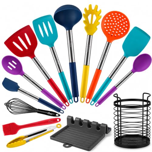 HOTEC Silicone Kitchen Cooking Utensils Set, 14pcs Multicolor - color: Multicolor