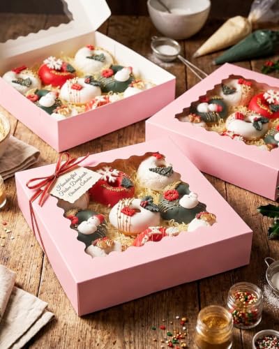 qiqee Auto-pop up Cookie Box with Window 8"x8"x2.5" 240Pcs Bakery Box Pink - color: 240Packs, Pink