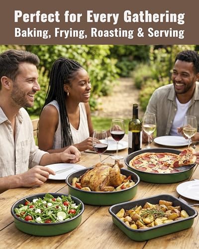 Round Roasting Pan Set, Enamel 10 Inch Cake Pan Baking Dish for Oven - color: Green - 10 Inch
