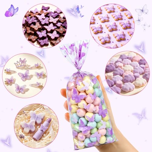 ZYLOP 50 Pcs Purple Butterfly Cellophane Goodie Bags, Plastic Candy Treat Bags with 60 Pcs Silver Twist Ties for Butterfly Theme Baby Shower Birthday Party, Spring Easter Dessert Cookie Gift Bags - color: Purple 50pcs