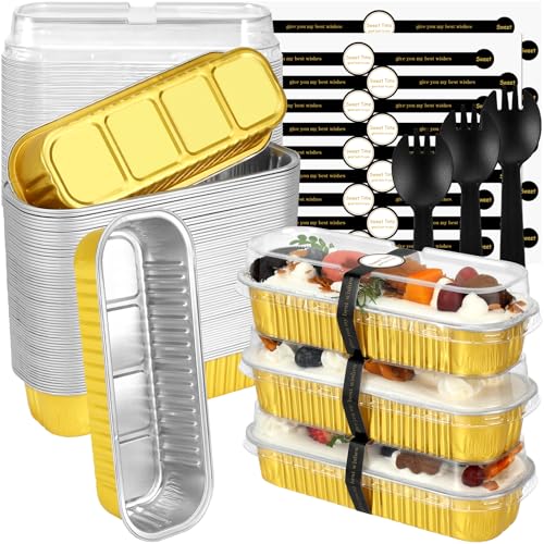 Mini Loaf Pans with Lids and Spoons (100 Pack, Gold, 6.8oz) Rectangular Aluminum Foil Baking Pans - color: Gold
