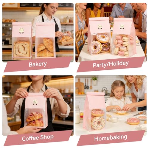 100 Pack Pink Bakery Bags with Window, 5.1x3.9x11 Inches Paper Bread Bags - size: Medium