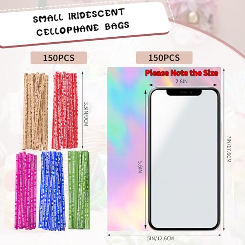 woric 150PCS Iridescent Cellophane Treat Bags with Ties 5x7 Inch