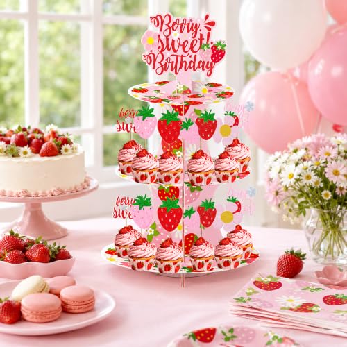 Berry Sweet Birthday Cupcake Stand Set, 12 Glitter Cupcake Toppers