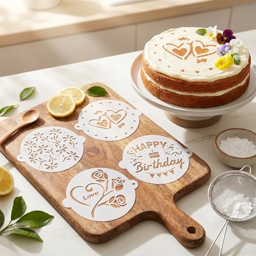 4Pcs Cake Stencils Set, Happy Birthday Stencil for Cakes Cookie Stencils