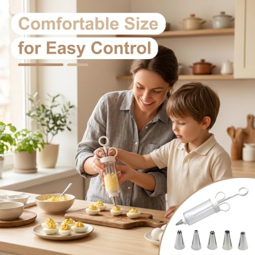 Cupcake Icing Piping Syringe, Cake Decorating Kit with 6 Stainless Steel Tips, Frosting Injector Tool for Dessert Filling and Decoration